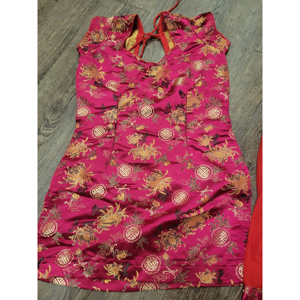 Asian Korean Chinese Traditional Red Satin-Like Small Women's Outfit Top Bottom - Picture 2 of 7